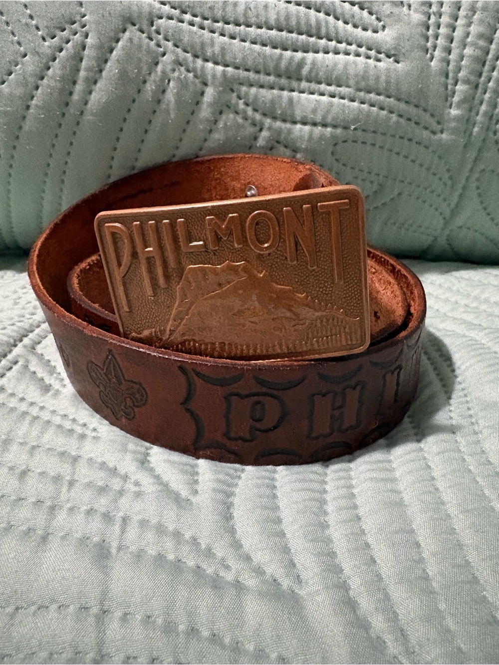 Philmont brass buckle and Philmont leather 38 in belt VG cond Medium